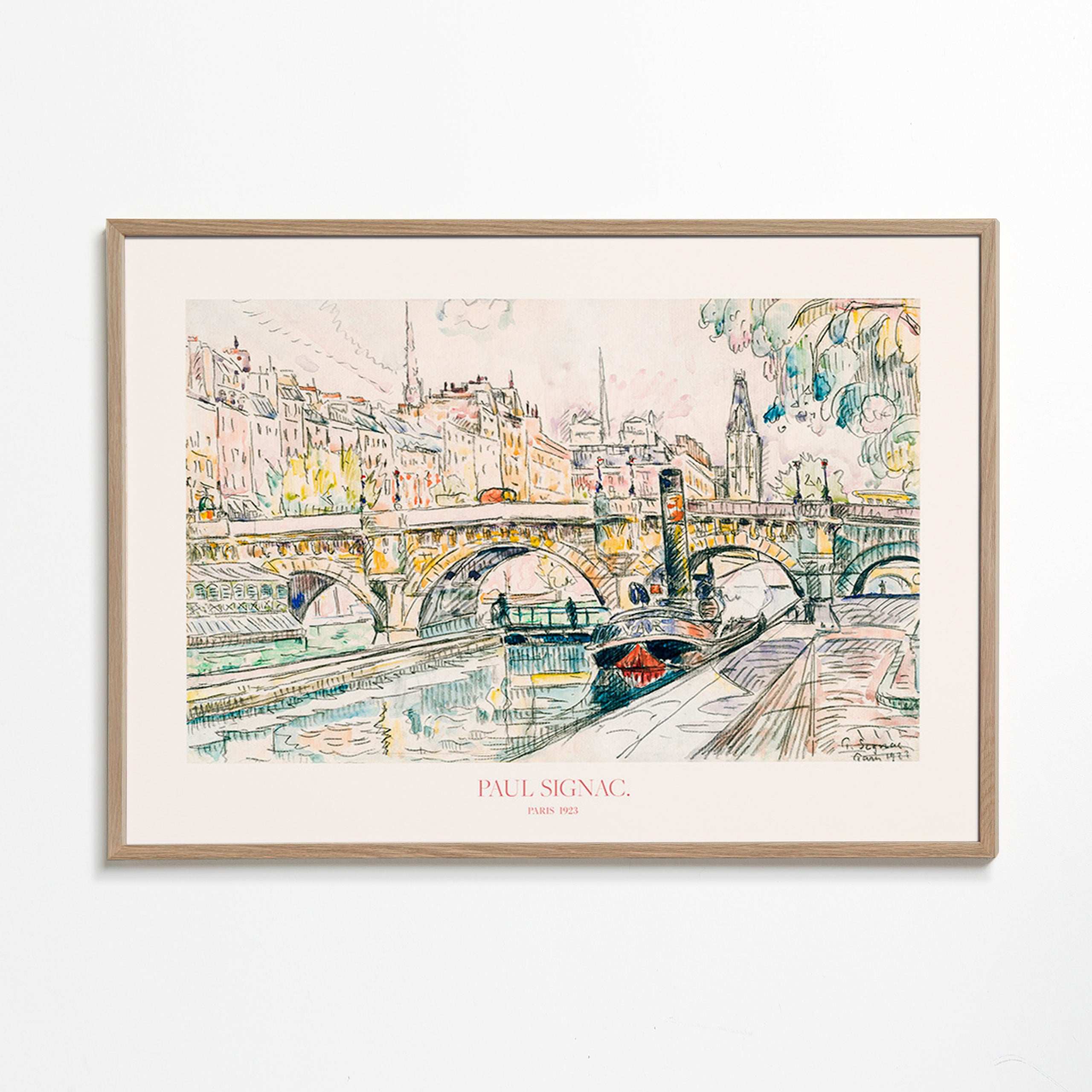 Obraz do města: Pont Neuf s remorkérem v inkoustu a akvarelu – Oak Frame