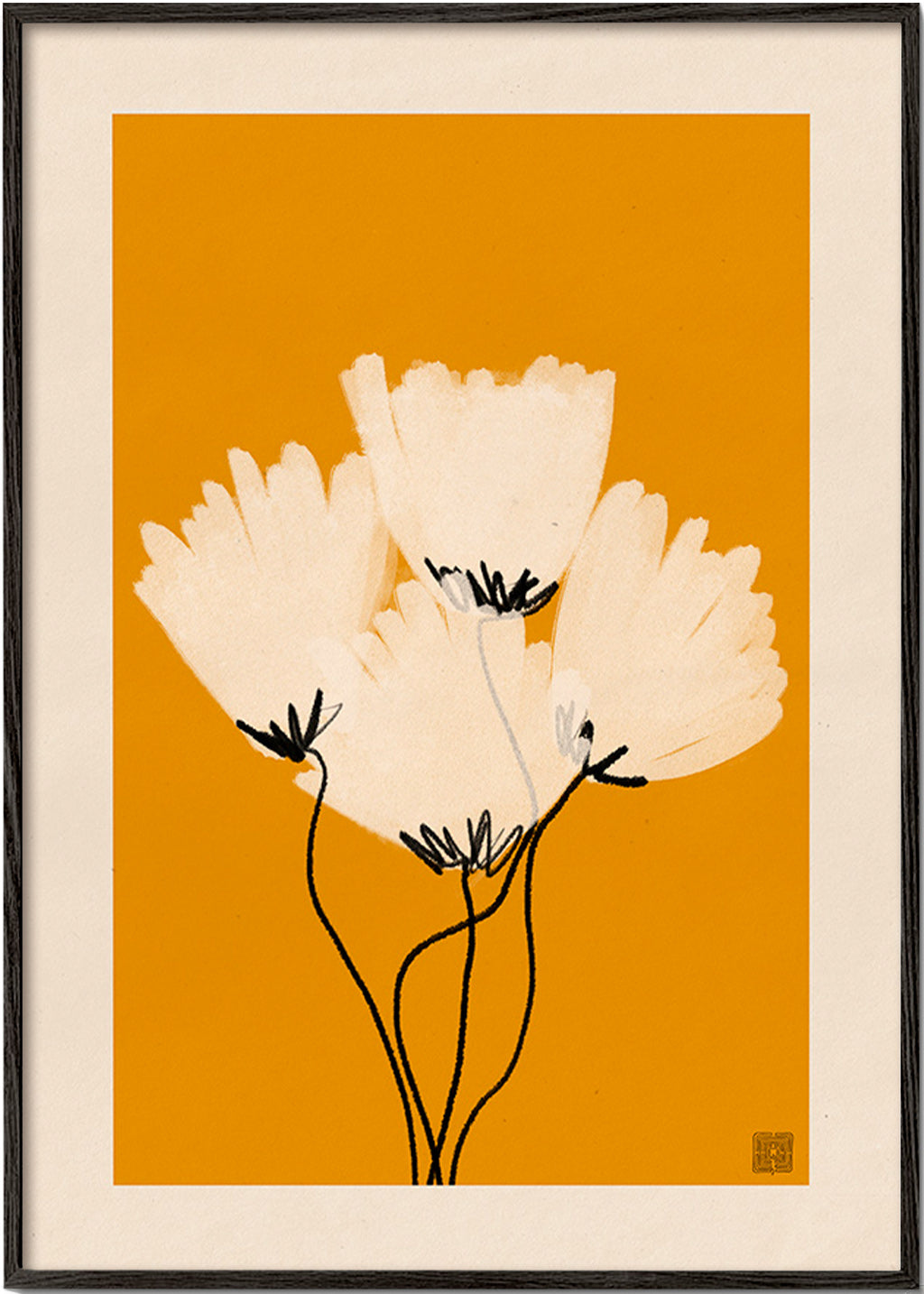 Botanický plakát bílé květy na okru – Black Frame