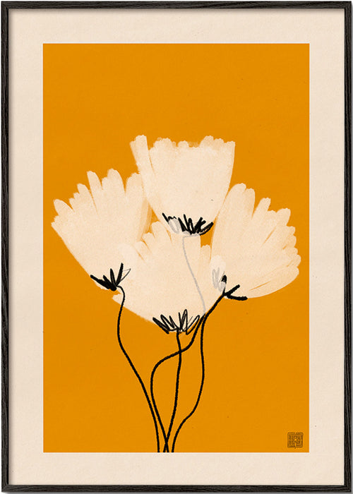 Botanický plakát bílé květy na okru – Black Frame