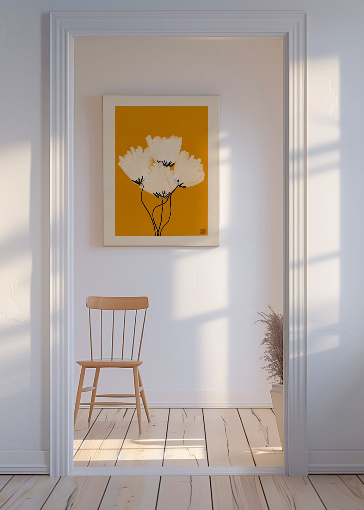 Botanický plakát bílé květy na okru – Canvas