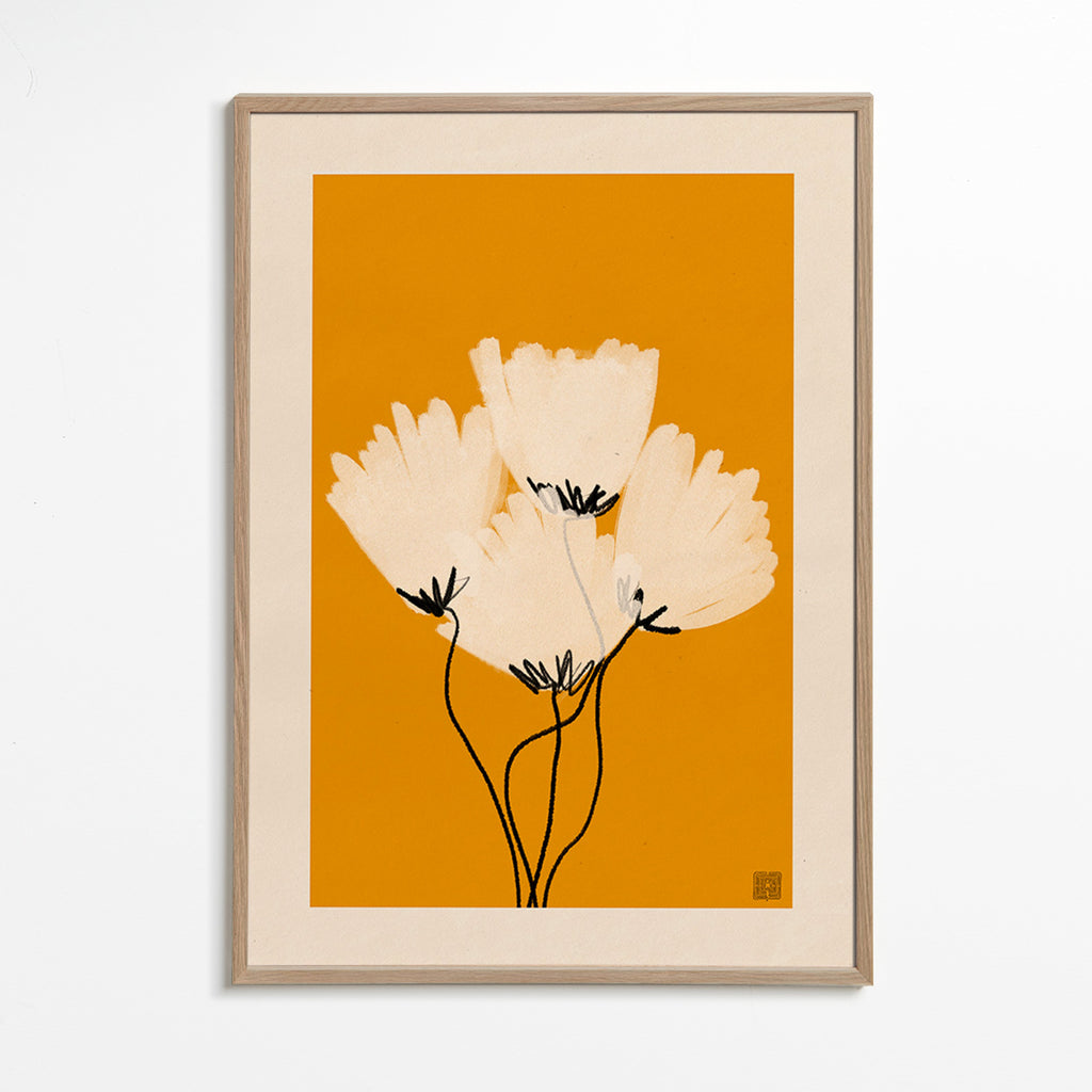 Botanický plakát bílé květy na okru – Oak Frame