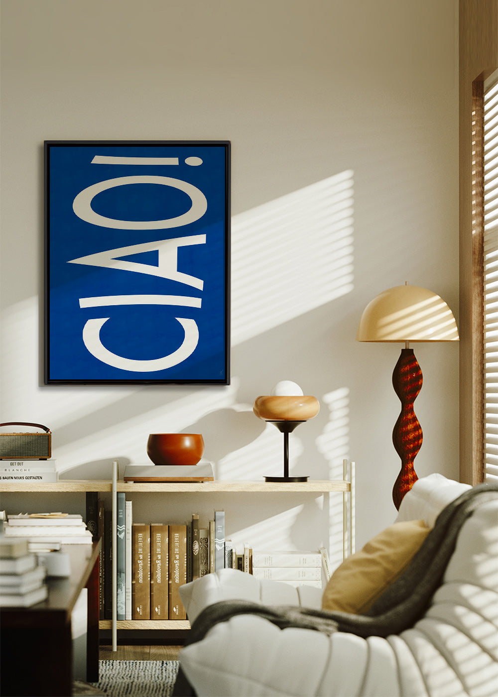 Typografické dílo 'CIAO' v modré – Canvas1