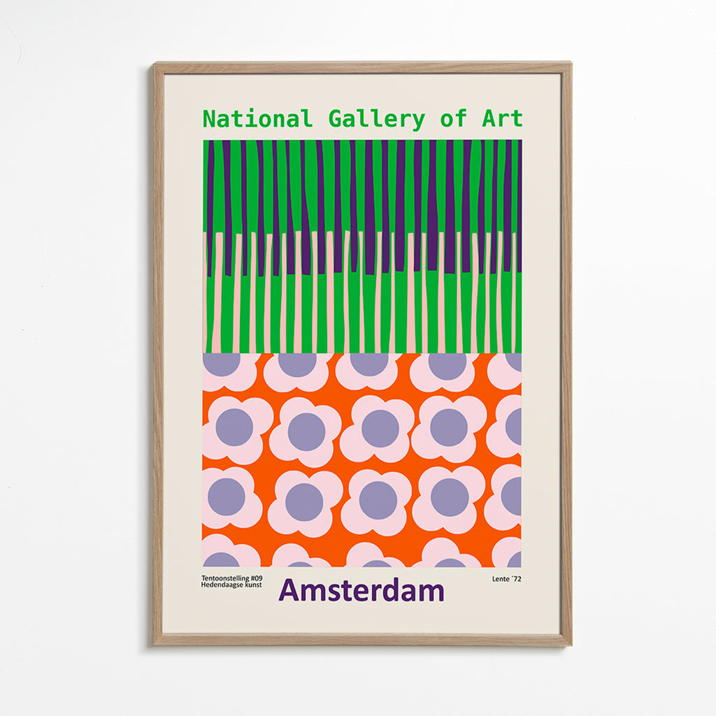 Cestovní plakát Amsterdam s grafickým květinovým vzorem – Oak Frame