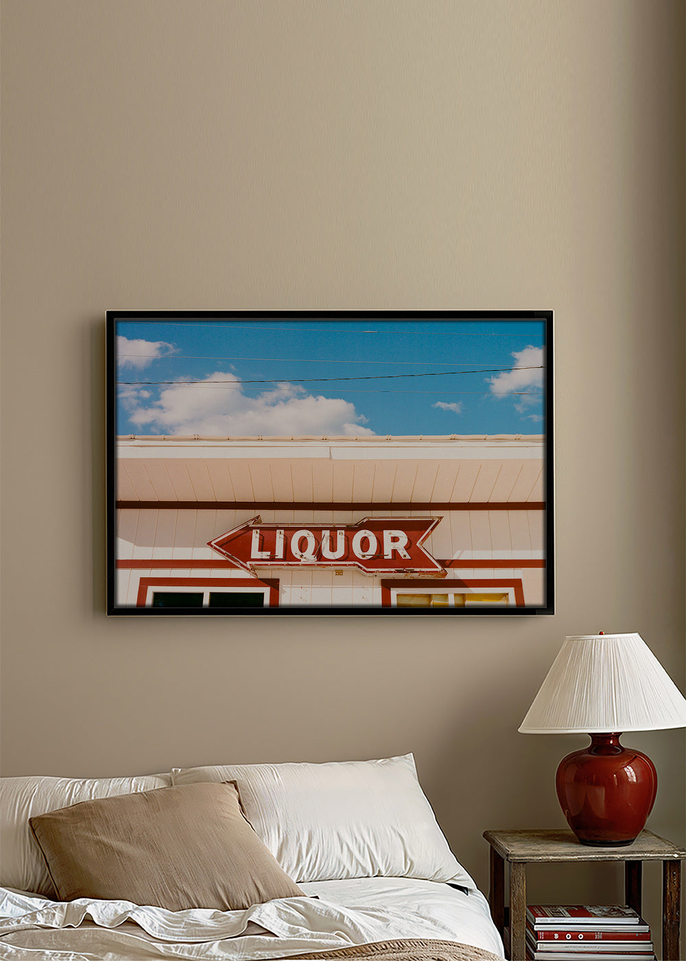 Vintage fotografie nápis 'LIQUOR' na modré obloze – Canvas2