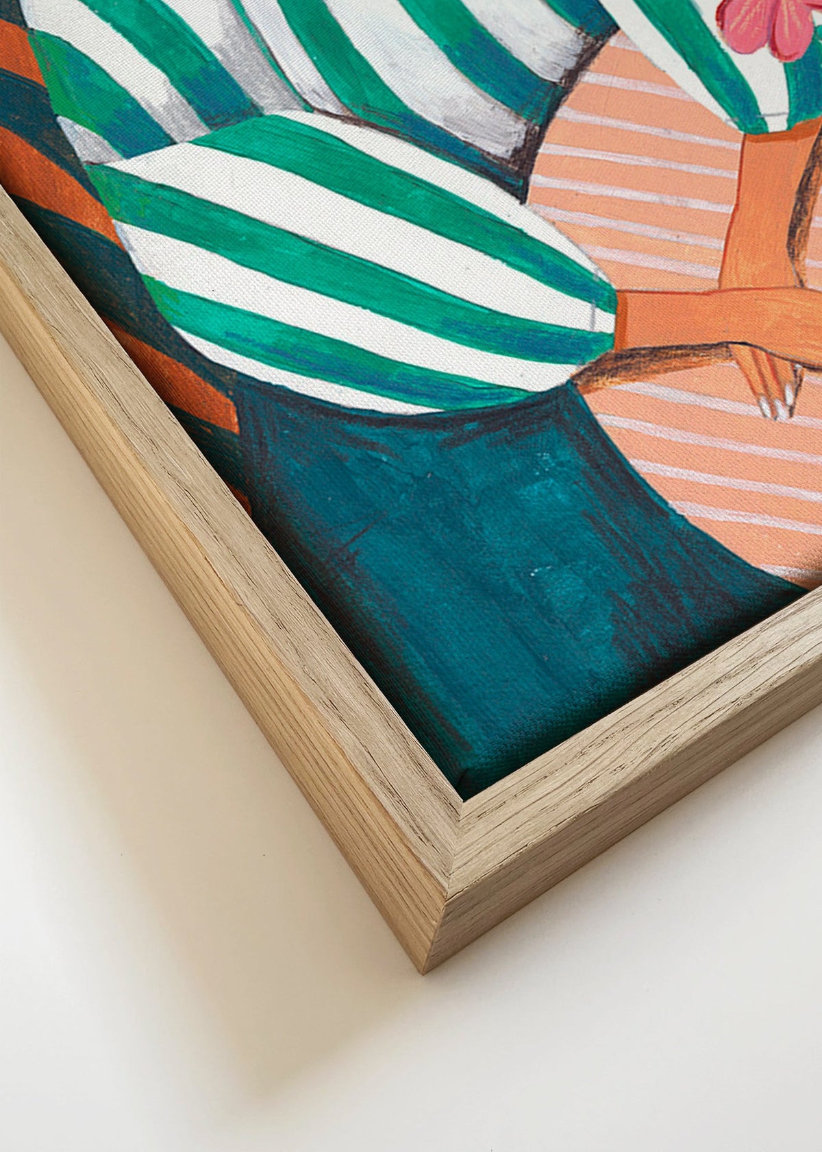 Ilustrace ženy v pruzích s rostlinou – Canvas detail