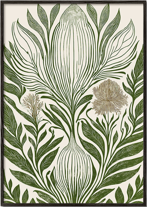 Botanický tisk se zeleným čárkováním – Black Frame