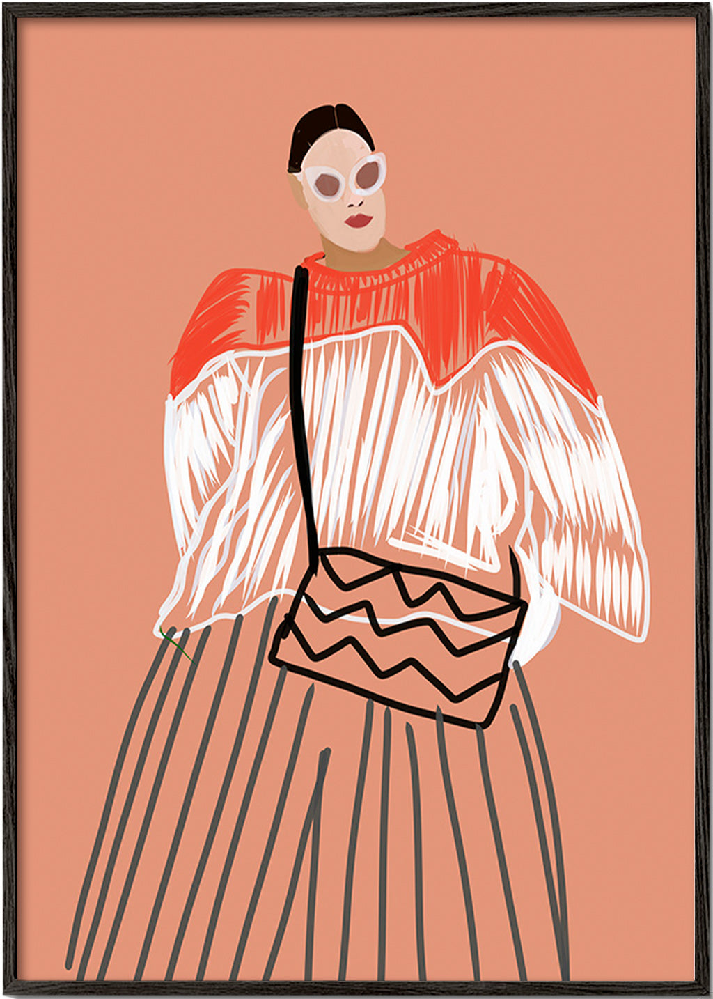 Ilustrace ženy s korálovou kabelkou – Black Frame