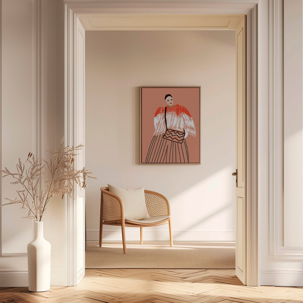 Ilustrace ženy s korálovou kabelkou – Canvas1