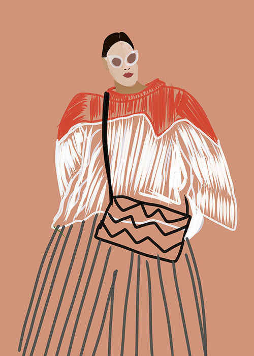 Ilustrace ženy s korálovou kabelkou