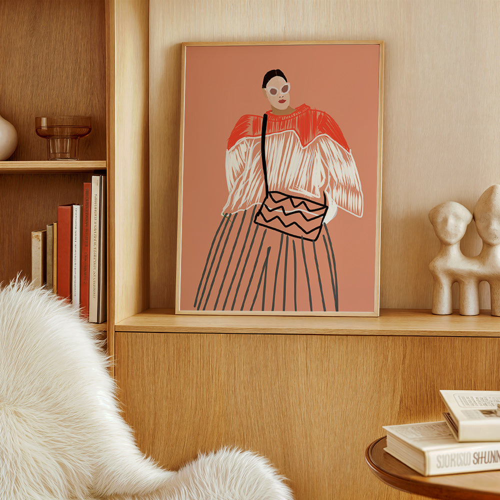 Ilustrace ženy s korálovou kabelkou – Product2