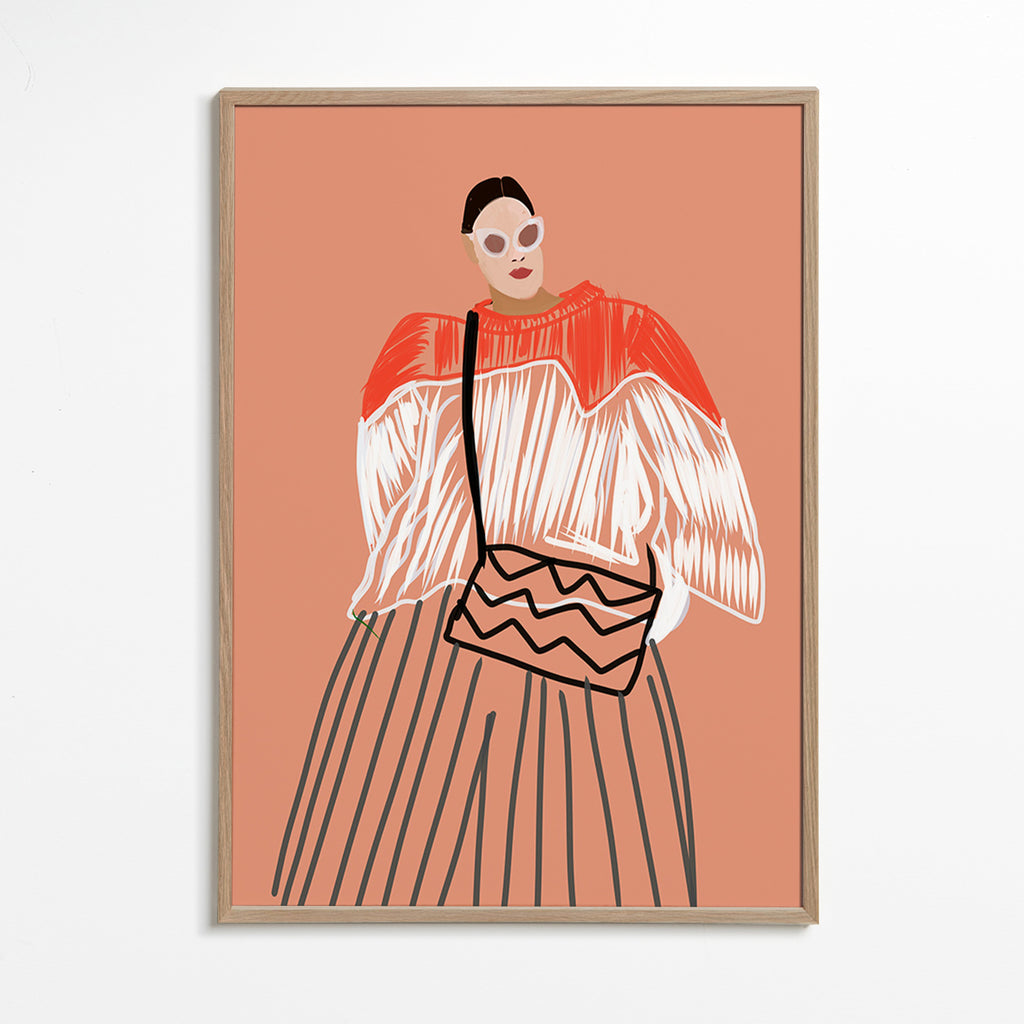 Ilustrace ženy s korálovou kabelkou – Oak Frame