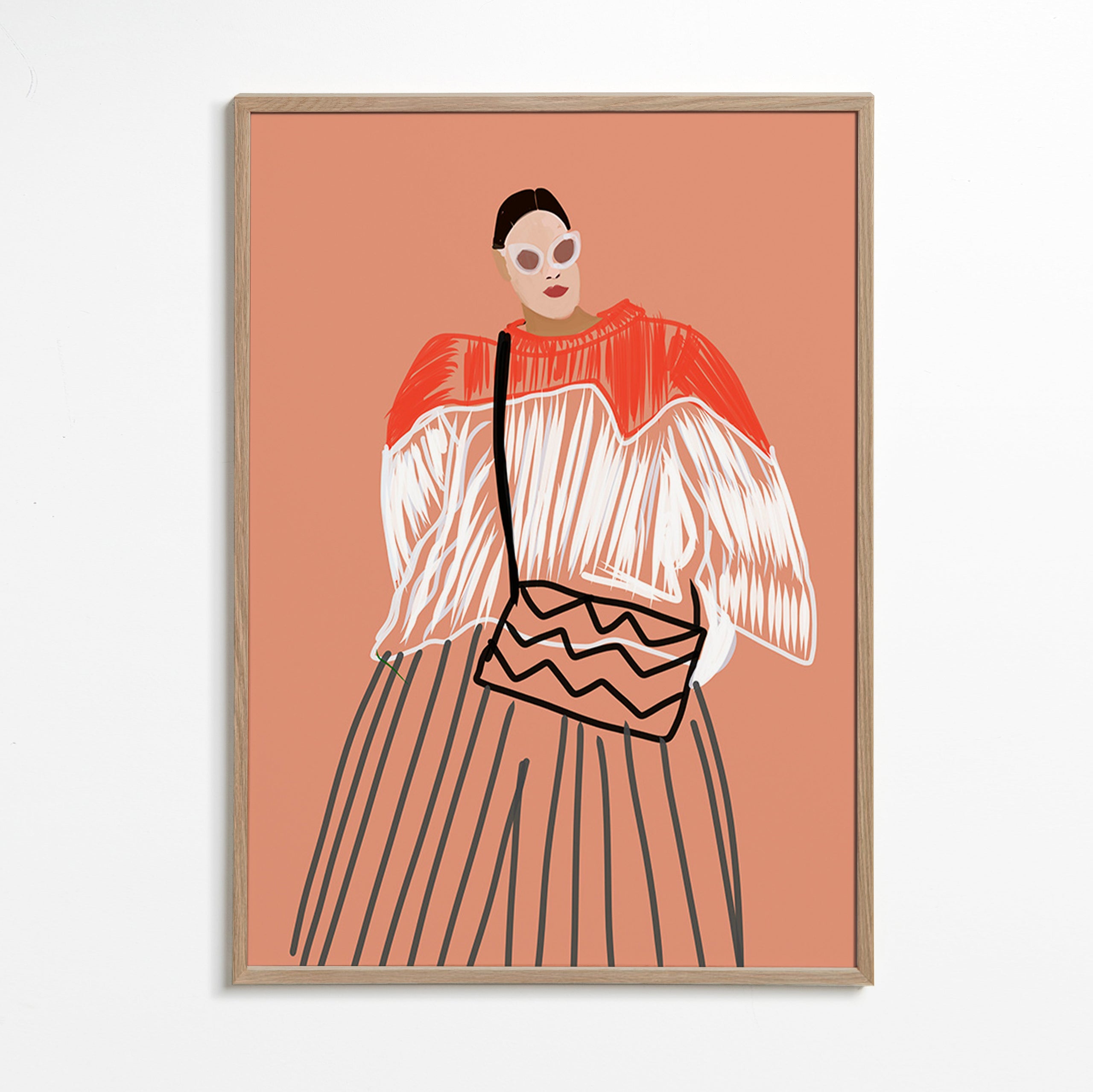 Ilustrace ženy s korálovou kabelkou – Oak Frame
