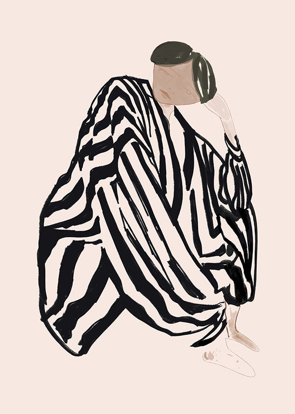 Ilustrace ženské postavy s grafickými pruhy