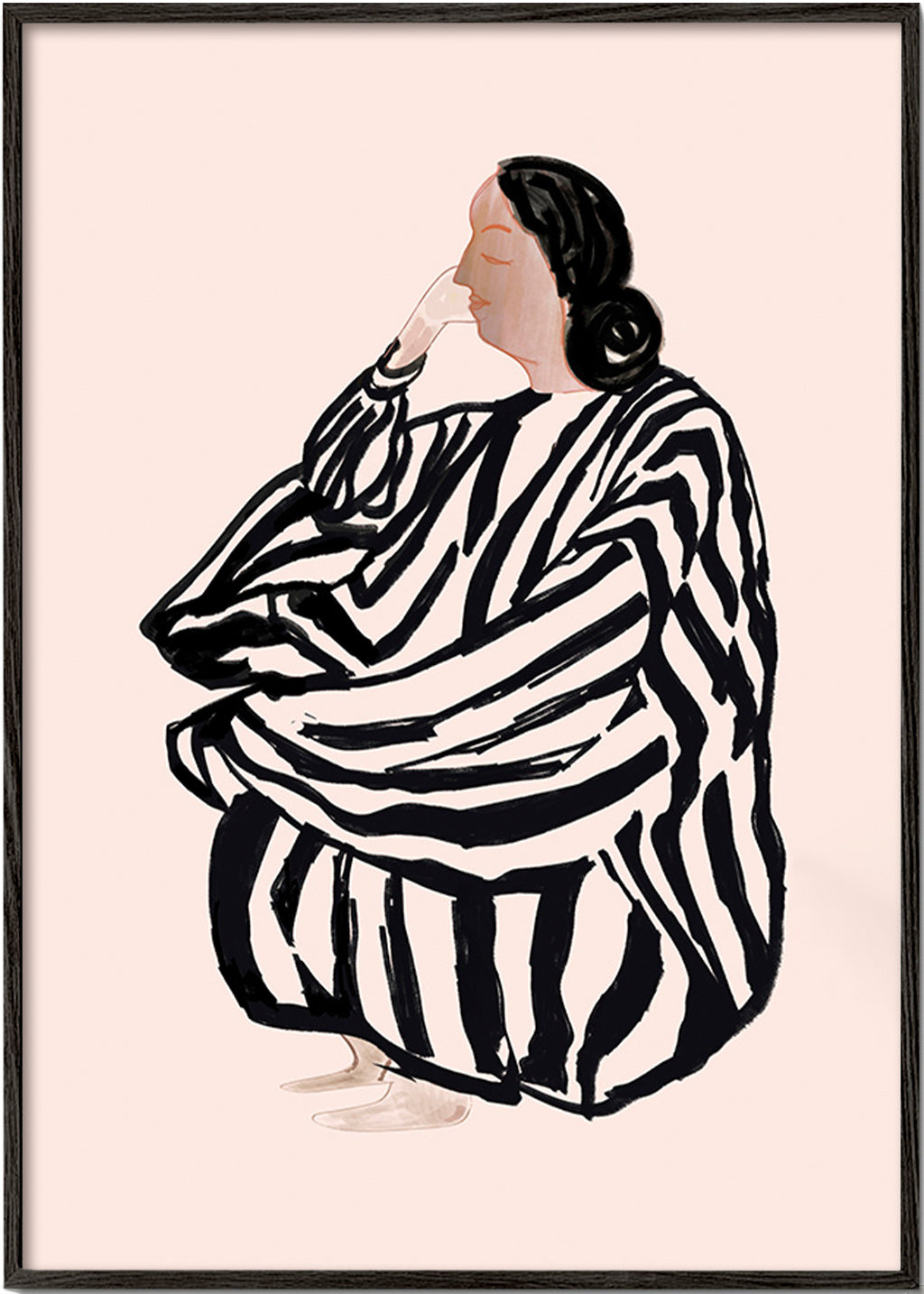Ilustrace sedící ženy s výraznými pruhy – Black Frame
