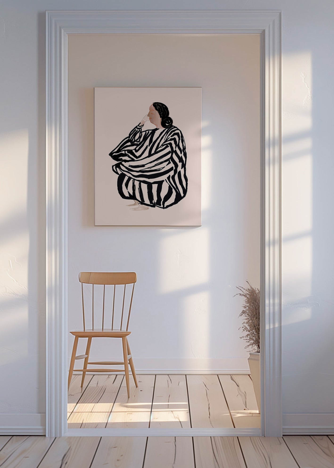 Ilustrace sedící ženy s výraznými pruhy – Canvas