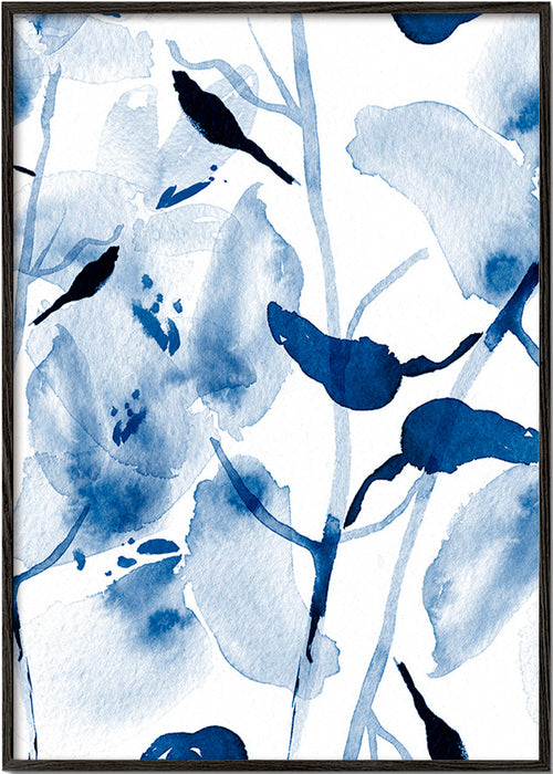 Botanický akvarel v modrém s ptáky – Black Frame