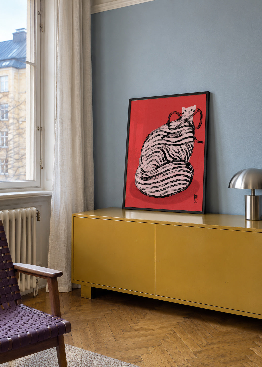 Black and White Stripe Cat Illustration Poster - Framed poster in an interior