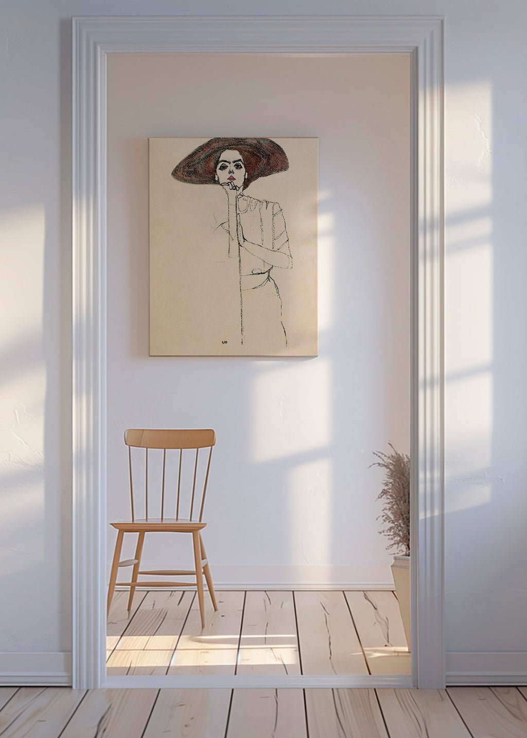 Ilustrace portrét s kloboukem a expresivní linkou – Canvas