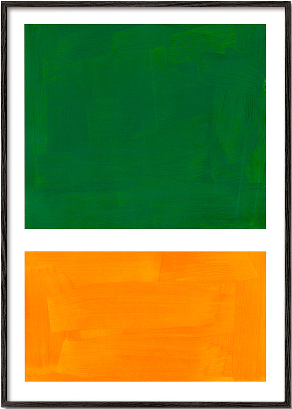 Abstraktní obraz se zelenými a oranžovými poli – Black Frame