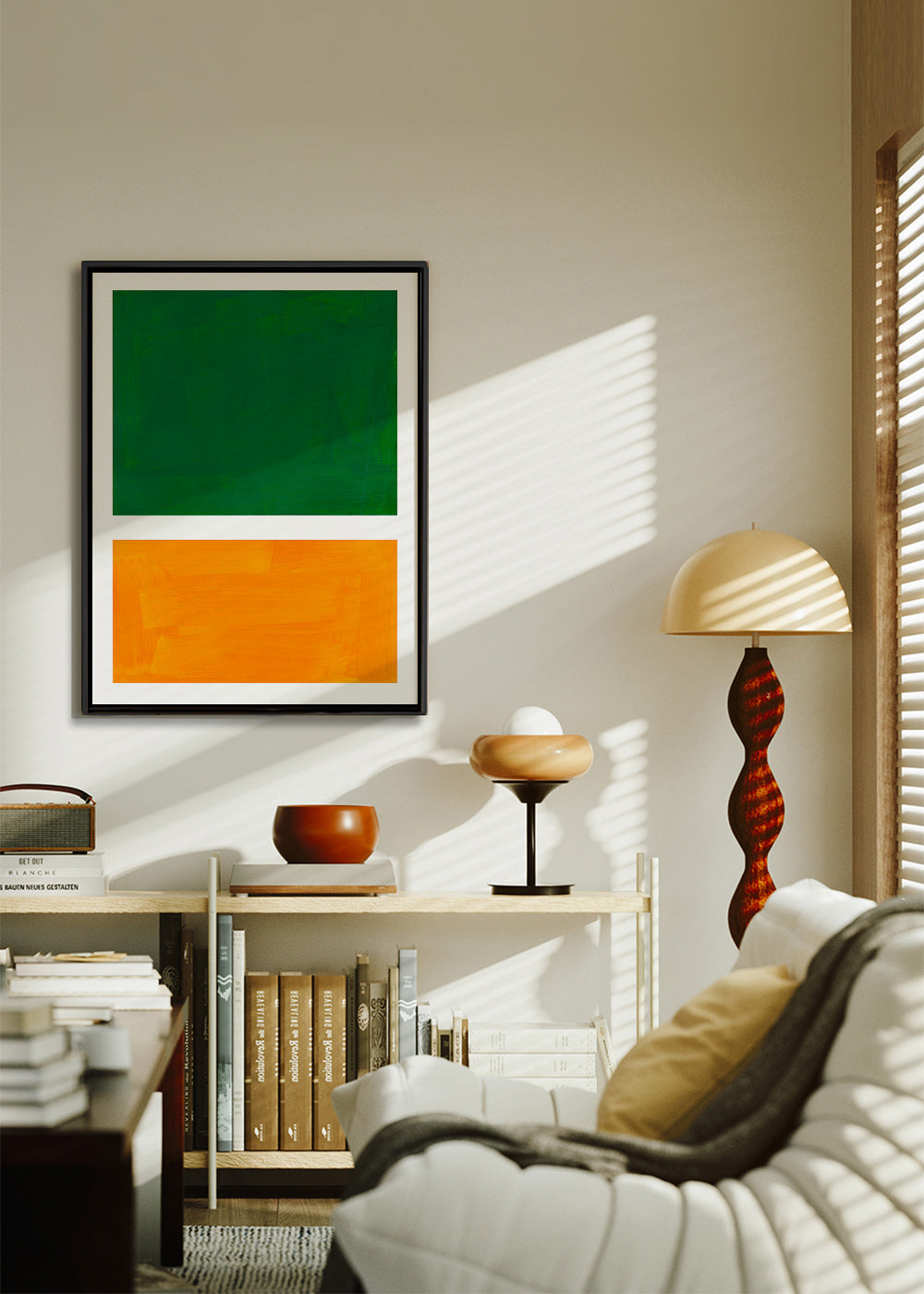 Abstraktní obraz se zelenými a oranžovými poli – Canvas1