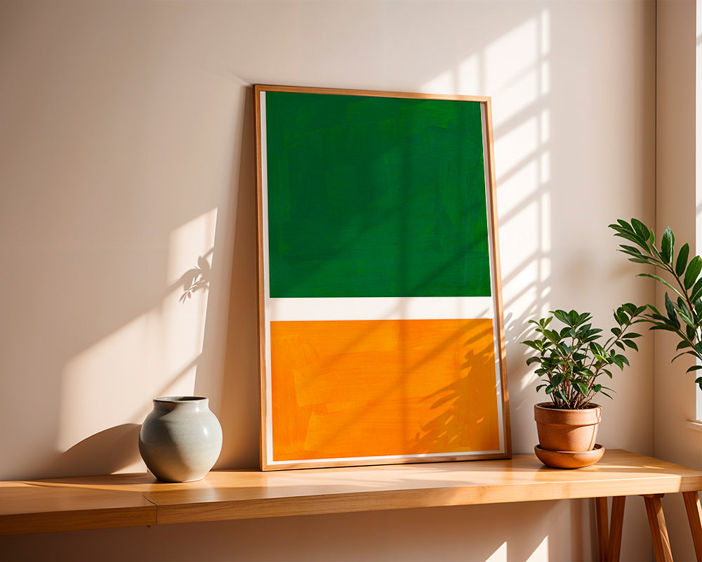 Abstraktní obraz se zelenými a oranžovými poli – Product2