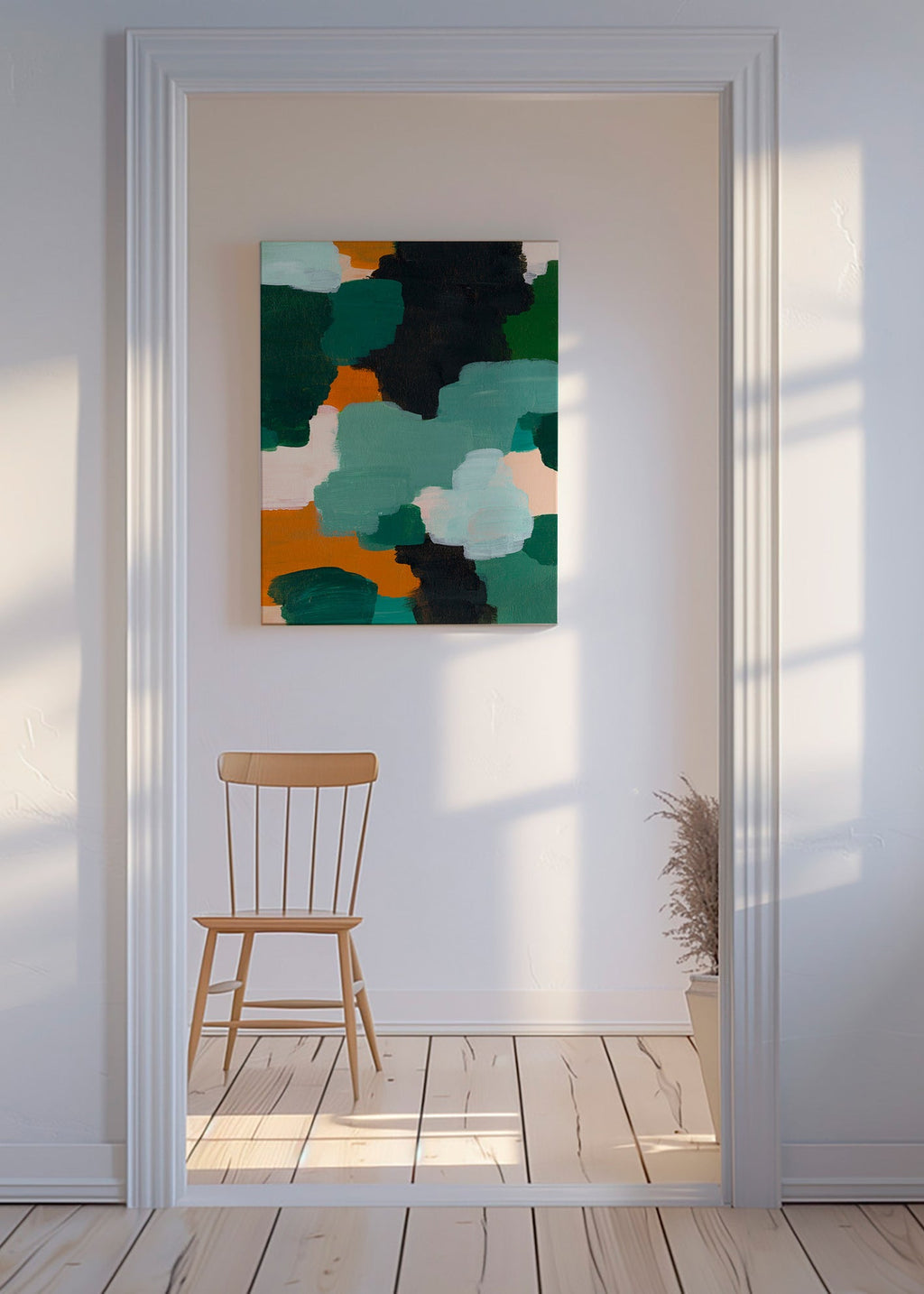 Abstraktní obraz se zelenými a okrovými tahy – Canvas