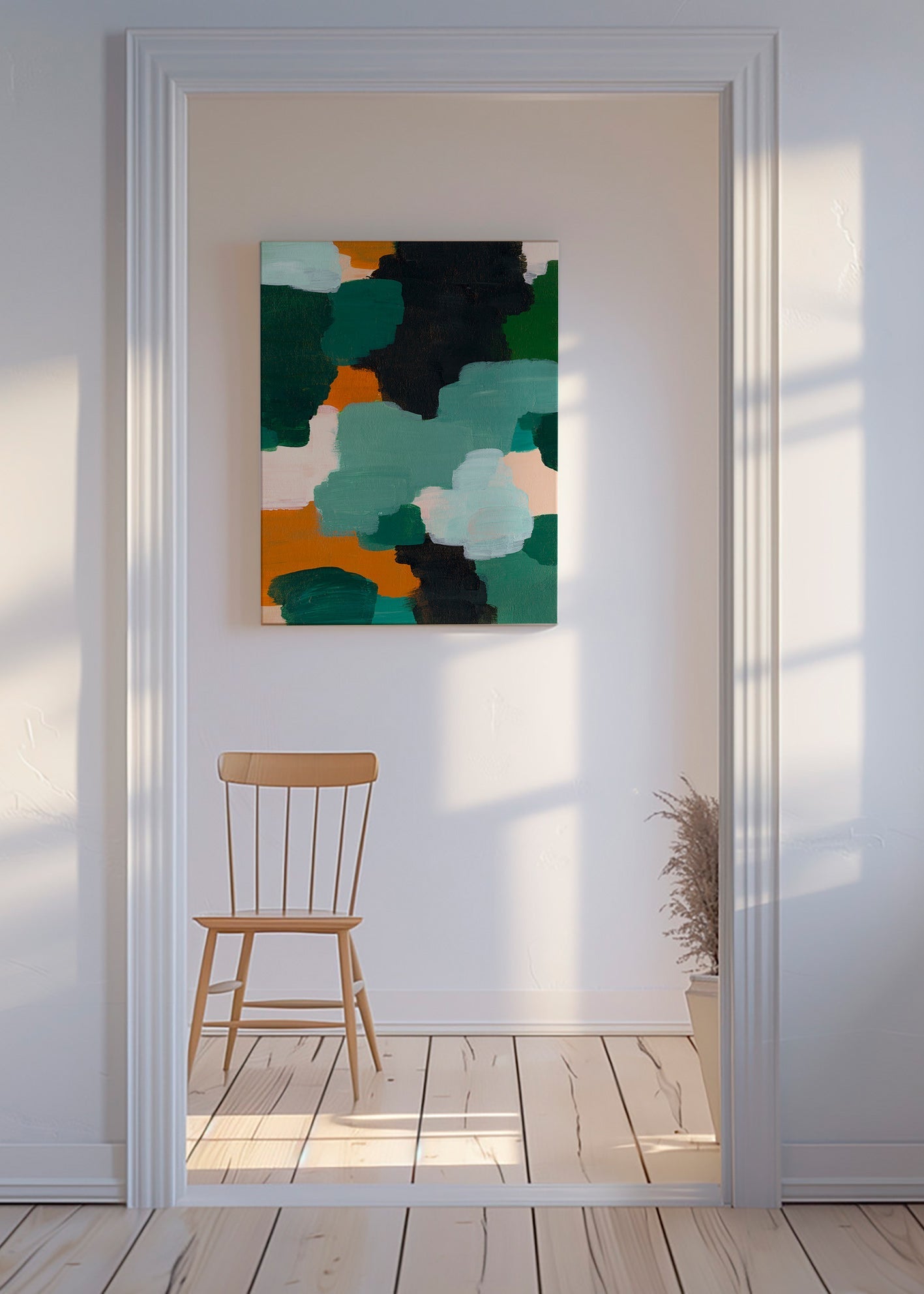 Abstraktní obraz se zelenými a okrovými tahy – Canvas