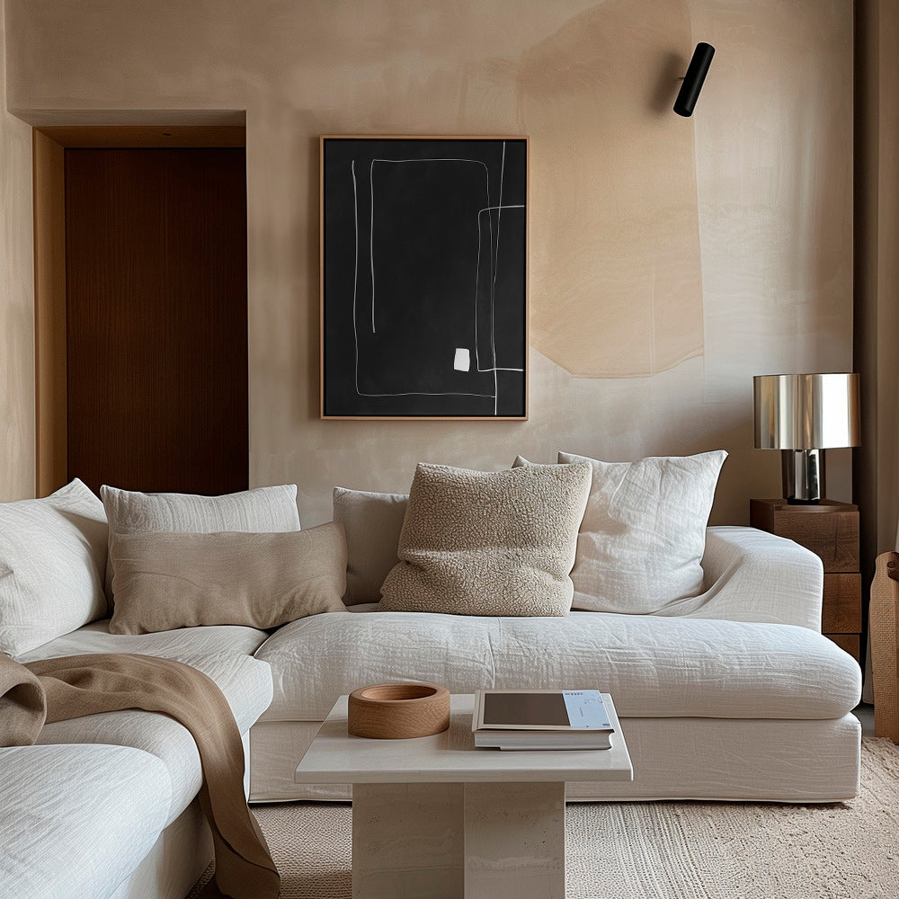 Cuadro minimalista de líneas blancas sobre fondo negro – Canvas2