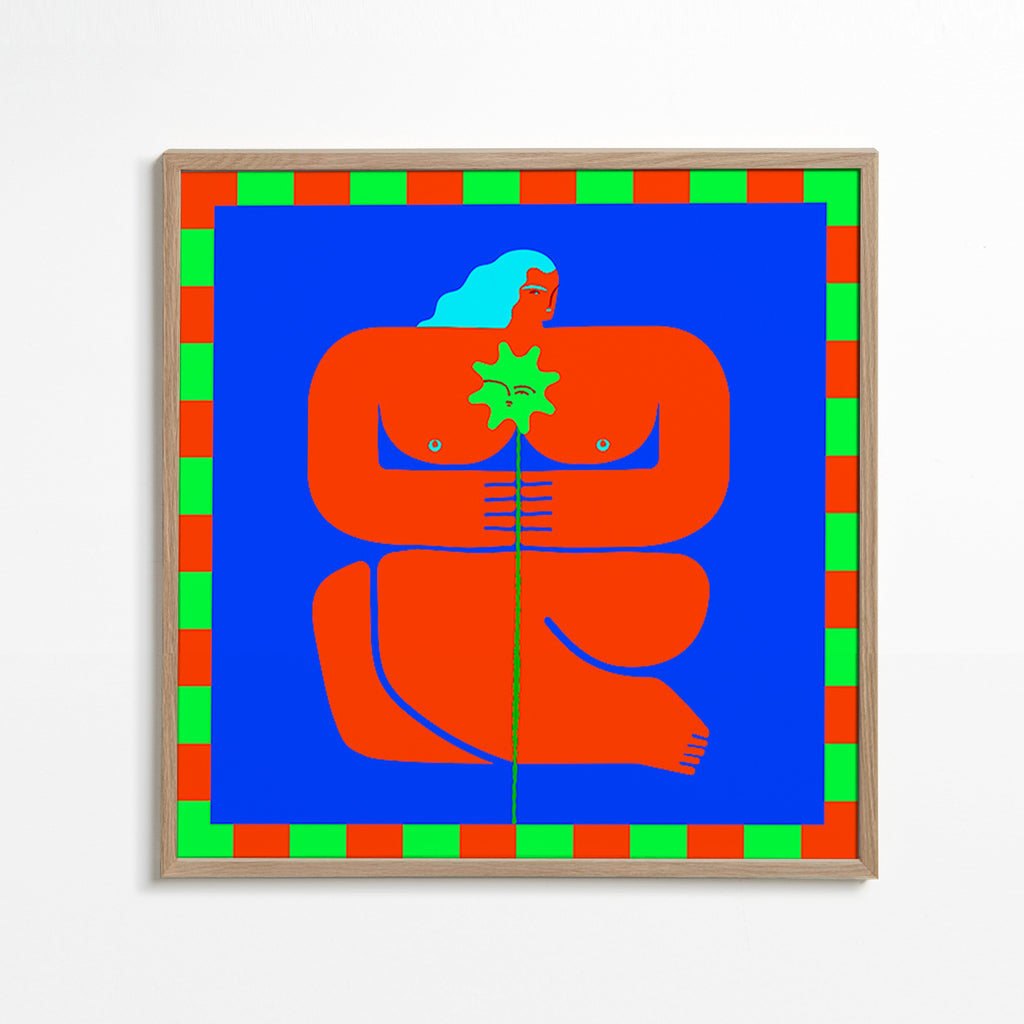 Abstraktní obraz se stylizovanou červenou postavou – Oak Frame