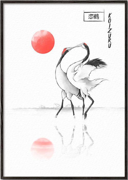 Obraz japonské jeřáby minimalistické – Black Frame