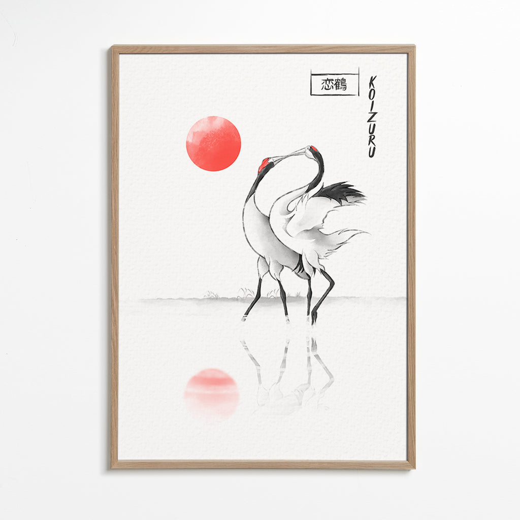 Obraz japonské jeřáby minimalistické – Oak Frame