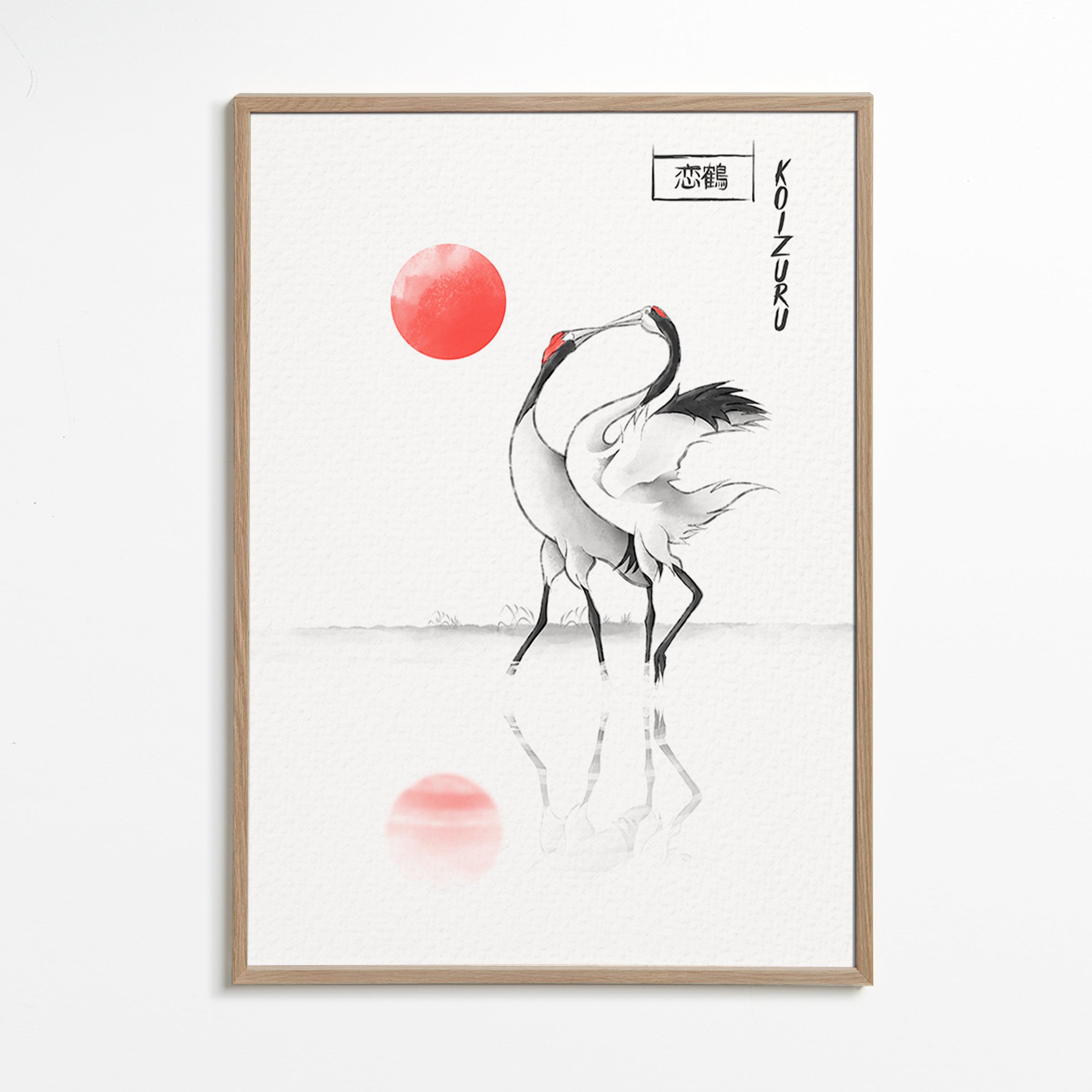 Obraz japonské jeřáby minimalistické – Oak Frame