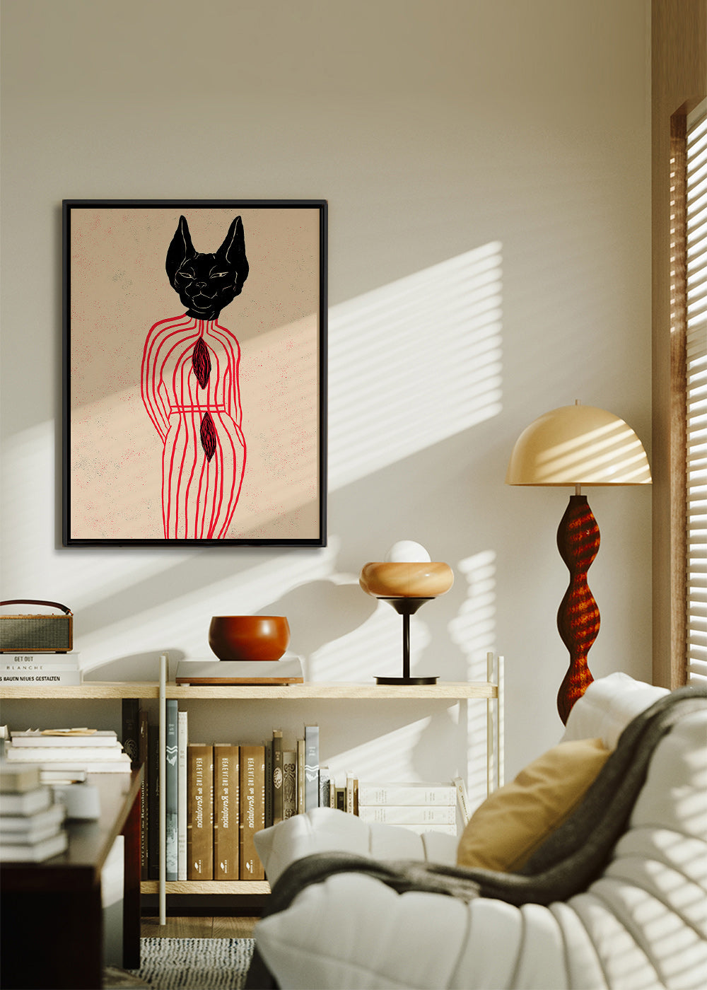Stylizovaná kočka s červenými liniemi – Canvas1