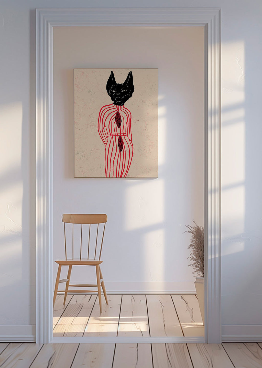 Stylizovaná kočka s červenými liniemi – Canvas