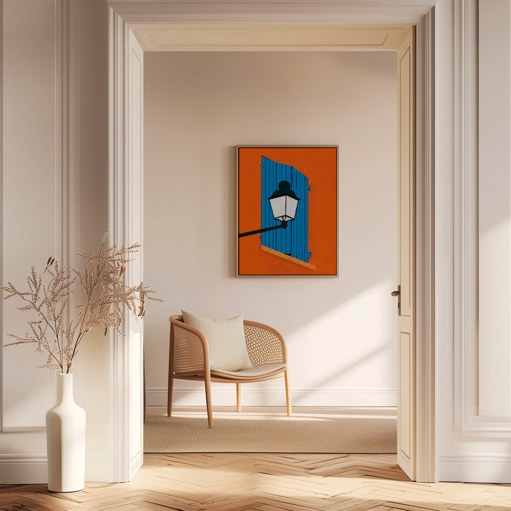 Ilustrace modré okenice a lucerna – Canvas1