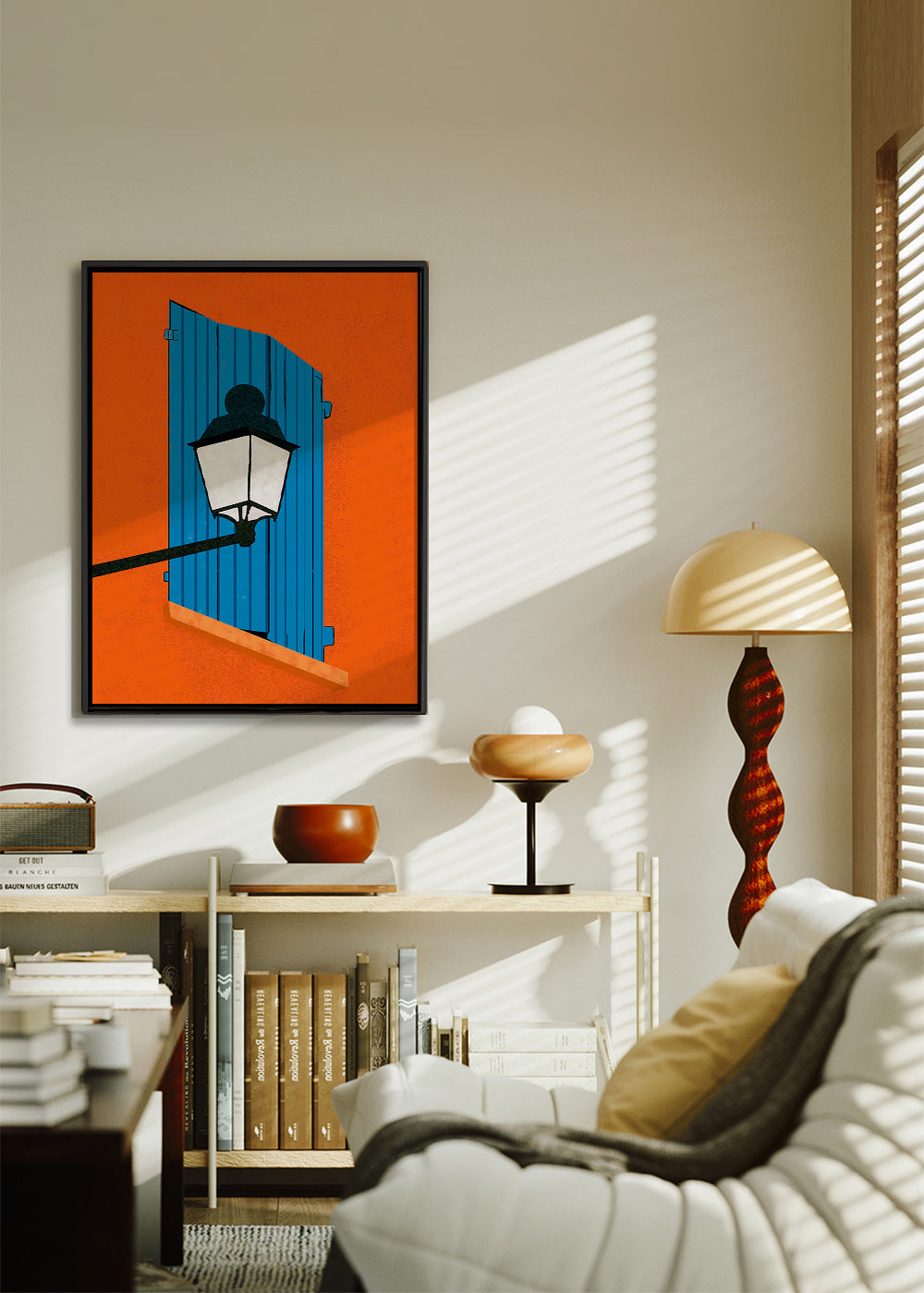 Ilustrace modré okenice a lucerna – Canvas2