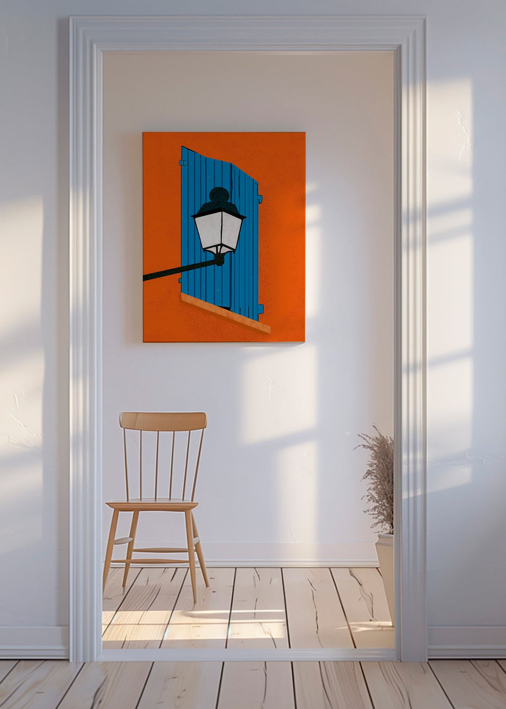 Ilustrace modré okenice a lucerna – Canvas