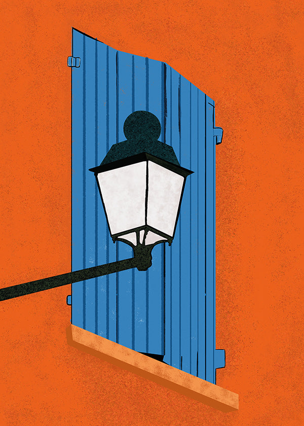 Ilustrace modré okenice a lucerna