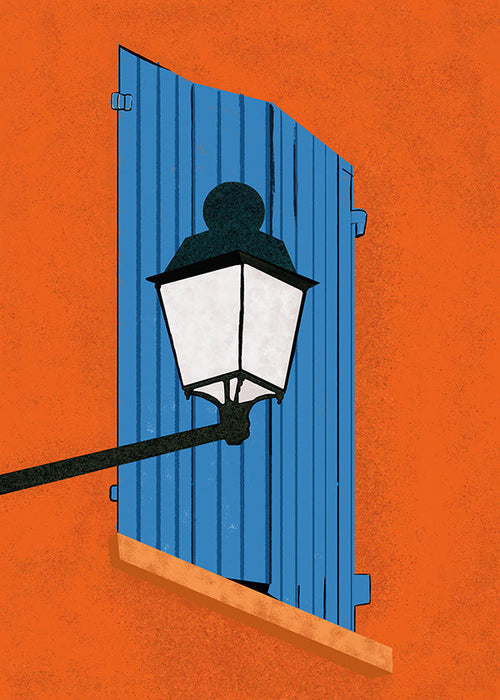 Ilustrace modré okenice a lucerna