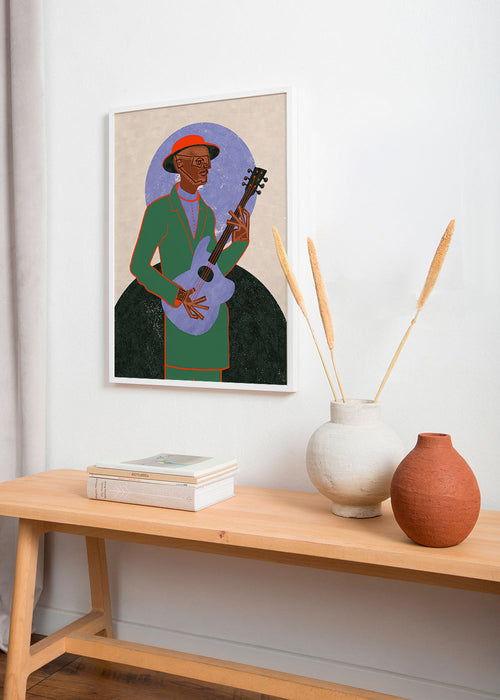 Ilustrace hudebníka s kytarou a aurou – Product1