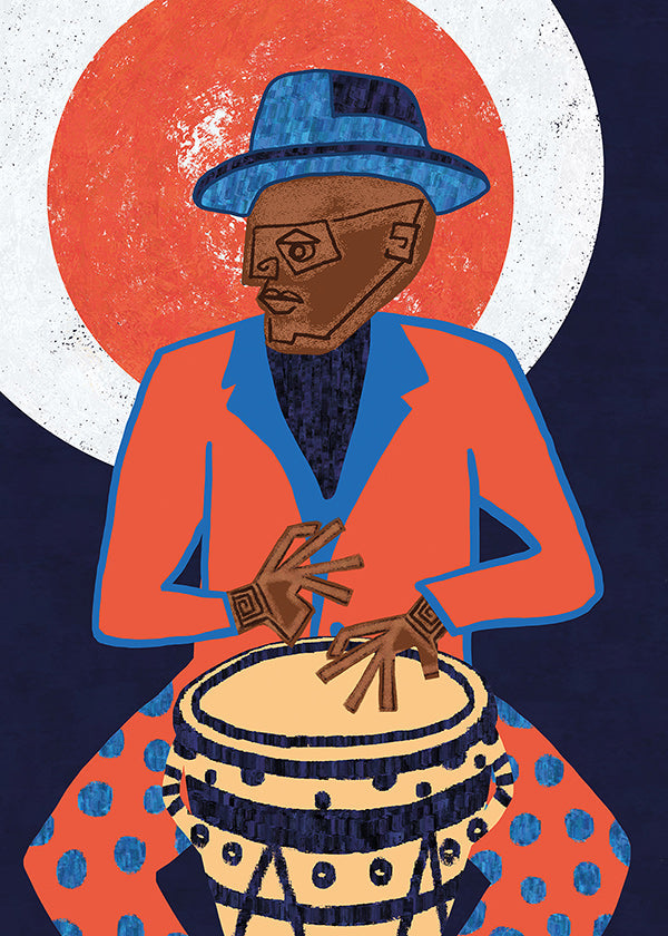 Ilustrace hudebníka u bubnu v živých barvách