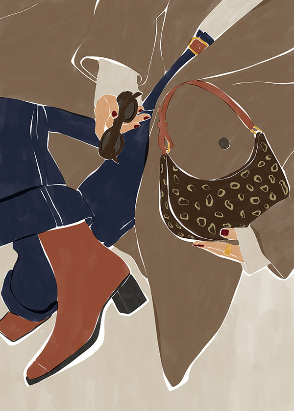 Ilustrace módy s kabelkou a botami