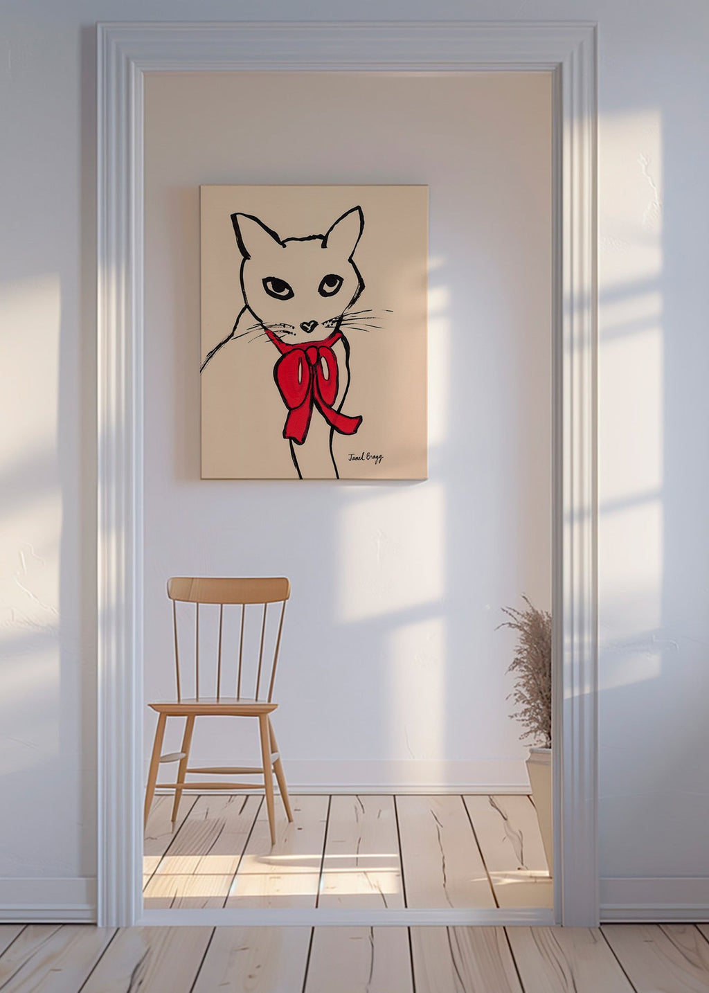 Obraz kočky s červenou mašlí a volným tahem – Canvas