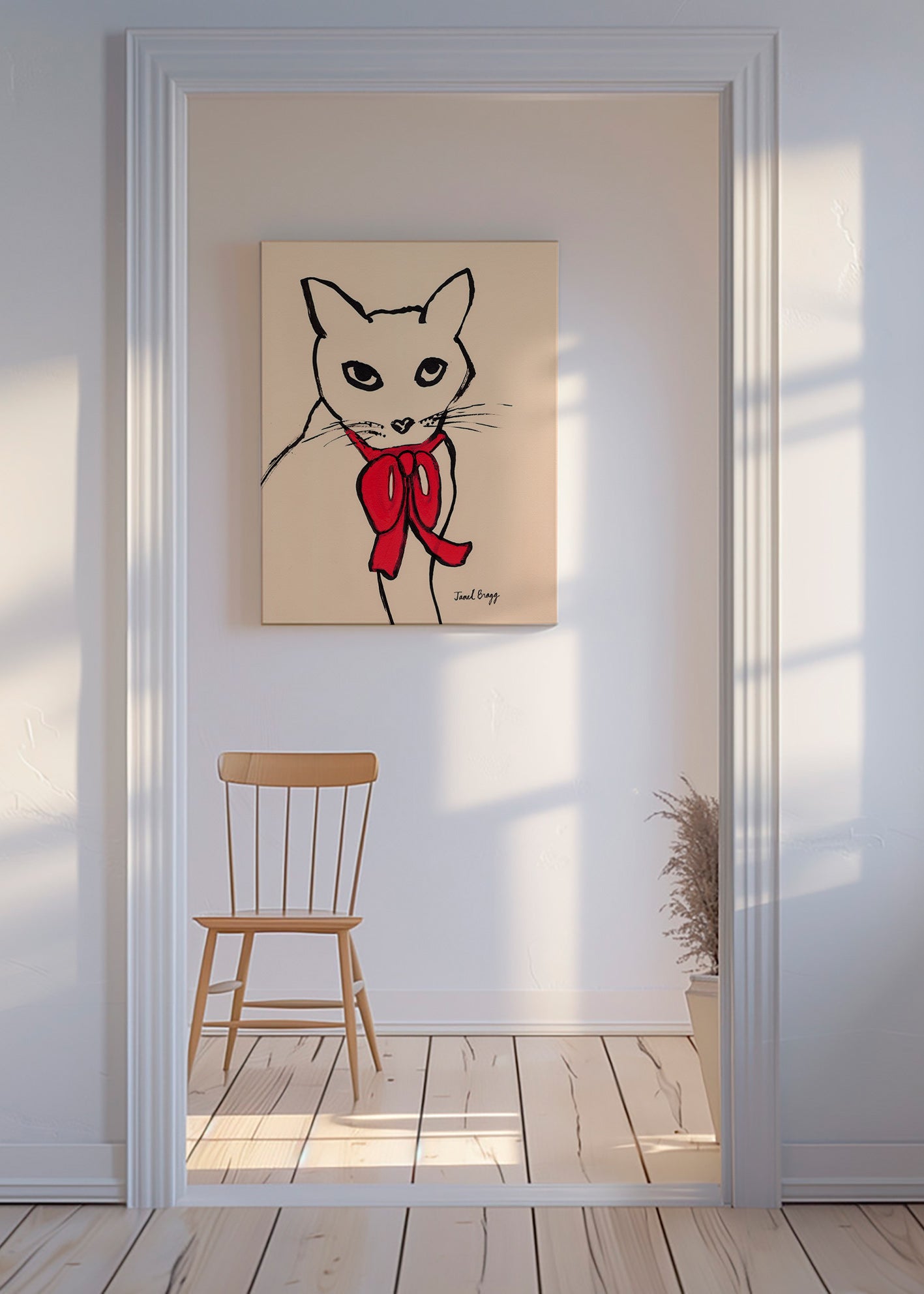 Obraz kočky s červenou mašlí a volným tahem – Canvas