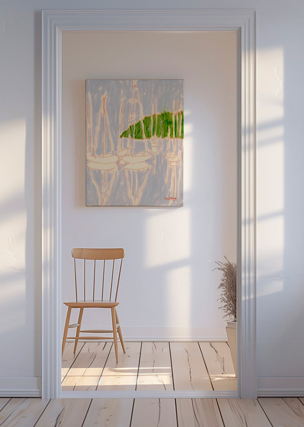Krajinné umění s plachetnicemi a zeleným kopcem – Canvas