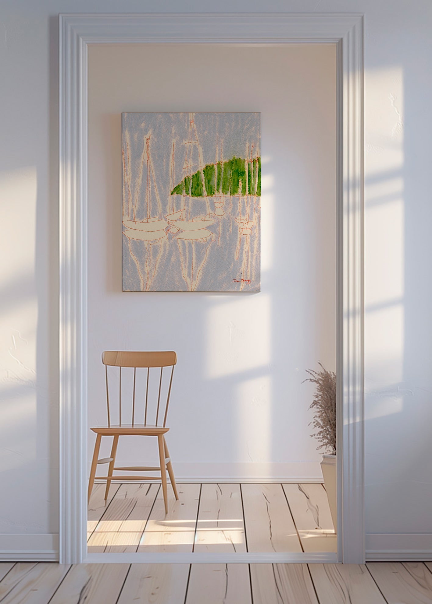 Krajinné umění s plachetnicemi a zeleným kopcem – Canvas