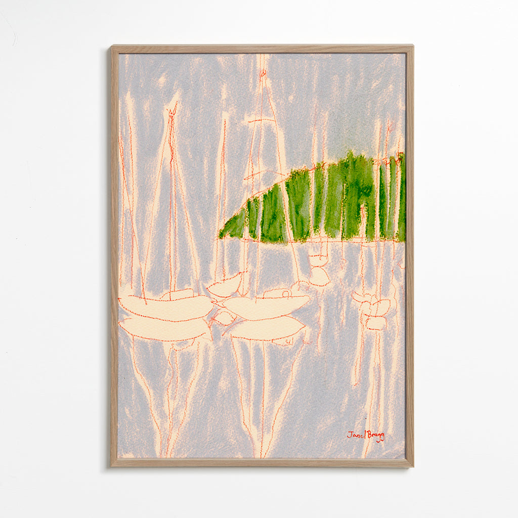 Krajinné umění s plachetnicemi a zeleným kopcem – Oak Frame