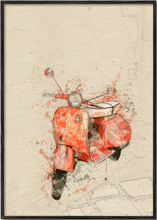 Ilustrace Červená Vespa na texturovaném pozadí – Black Frame