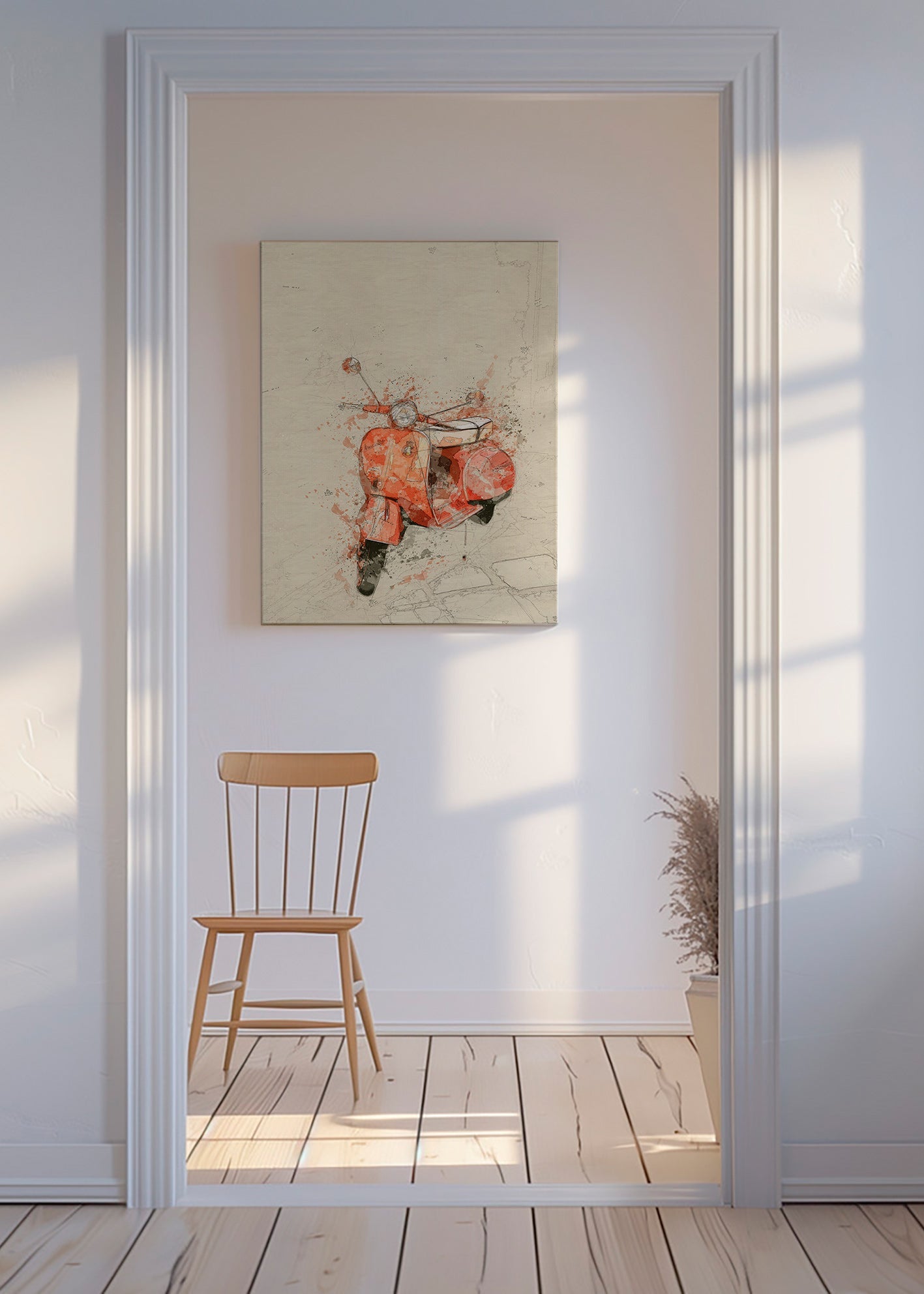 Ilustrace Červená Vespa na texturovaném pozadí – Canvas