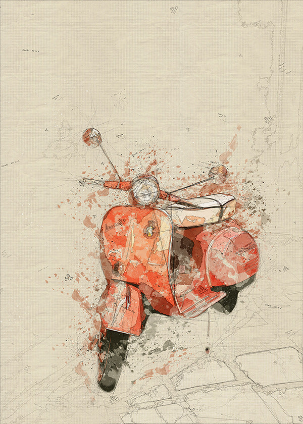 Ilustrace Červená Vespa na texturovaném pozadí